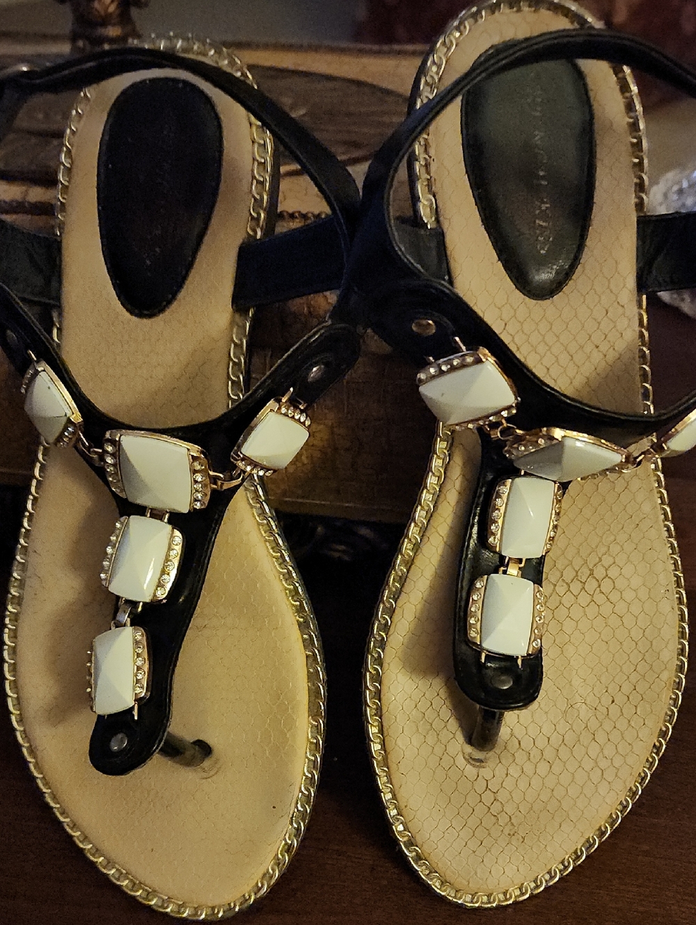 Women's Black Jeweled T-Strap Sandals with Ivory Stones